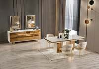 Set MDF dan meja makan, lemari bufet Modern warna emas putih dengan cermin emas dan dasar logam untuk ruang makan