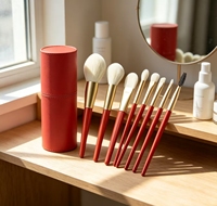 Lot de 8 pinceaux de maquillage professionnels rouges avec manche en bois, poils synthétiques, pour pinceau éventail, anticernes, visage, fard à paupières et blush