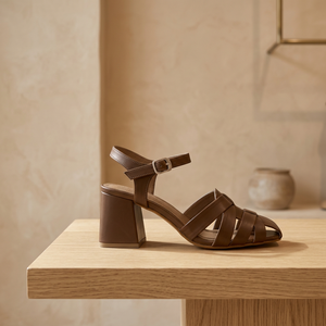 Sandalias de Tacón Ancho con Tiras Cruzadas de Cuero Genuino Marrón, Sandalias de Verano con Hebilla en el Tobillo para Mujer - Product Image 3