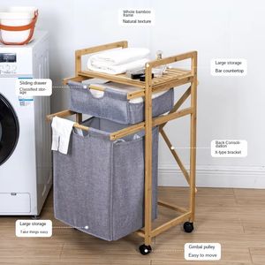 Modern Slim Collapsible Bamboo Large Double <b>Laundry</b> <b>Hamper</b> Foldable <b>with</b> Wheels <b>Lids</b> Handles Home Organizer - Product Image 2