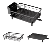Égouttoir à vaisselle à double niveau, gain de place, en acier inoxydable noir avec bac de récupération d'eau, bec de drainage d'évier en ABS, supports de rangement de cuisine
