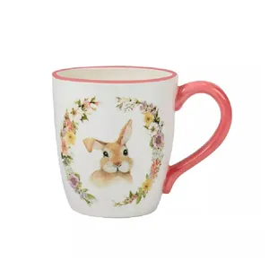 可爱春季节日礼物定制白色内粉色兔子印花咖啡茶陶瓷杯