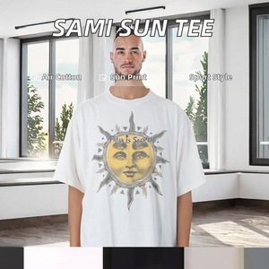 T-shirt da uomo <span class=keywords><strong>SAMI</strong></span> casual 100% cotone a maniche corte per yoga, con stampa motivo sole, logo in rilievo sul collo posteriore, traspirante e anti-pilling - Product Image 2