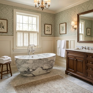 อ่างอาบน้ำรูปวงรีสั่งทำพิเศษสุดหรูหราทันสมัย วัสดุ Arabescato Corchia แบบตั้งพื้น สำหรับแช่ตัวในห้องน้ำ วิลล่า โรงแรม และบ้าน - Product Image 1