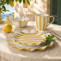 Service de table en porcelaine personnalisé de 16 pièces, motif rayures soleil, peint à la main, vaisselle en céramique jaune