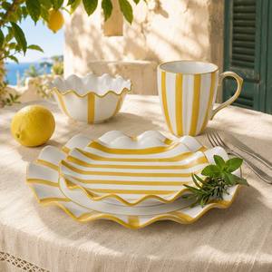 OEM ODM Nouvelle vaisselle en porcelaine fine 16 pièces, motif rayures soleil, peinte à la main, <span class=keywords><strong>assiettes</strong></span> en porcelaine à imprimé rayons de soleil jaunes, portables et réutilisables - Product Image 1