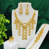 Ensemble de bijoux fins, quatre pièces, laiton plaqué or 24 carats, vintage, mariage, fiançailles, cadeau pour femme, collier, boucles d'oreilles, bague, bracelet