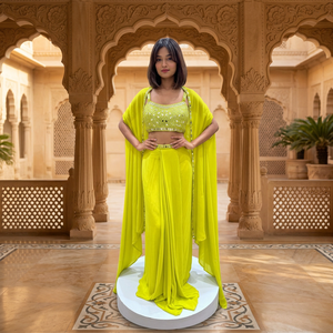 Magnifique ensemble 3 pièces avec broderie miroir véritable : Blouse, jupe et boléro longueur cheville - Tenue de soirée Diwali - Product Image 1