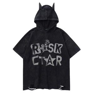 T-shirt con Cappuccio 230G, 100% Poliestere, Stile Vintage Lavato Streetwear Oversize con Corna del Diavolo e Grafica RISK <span class=keywords><strong>STAR</strong></span>, Per Tutte le Stagioni - Product Image 1