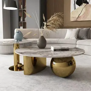 Toptan oturma odası mobilya avrupa modern tasarım altın yuvarlak siyah mermer kahve paslanmaz çelik ayaklı masa