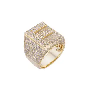 Custom Iced Out A-Z Cubic Zirconia Pave Signet Cursive Initial Bling Rhinestone Gold Plated Large Letter Rings For Men