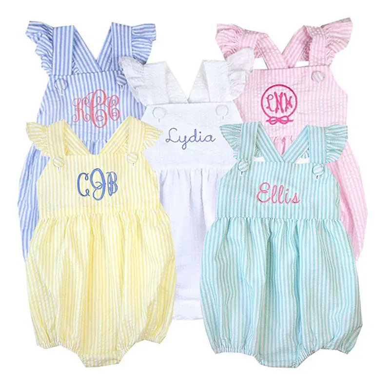 Wholesale Custom One-Piece Sleeveless Bubble Seersucker Baby Boys Toddler Girls Jumpsuit