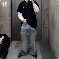American High Street Unique Two Tone Design Relaxed Fit Versatile Couple Style Straight Leg Denim Jeans