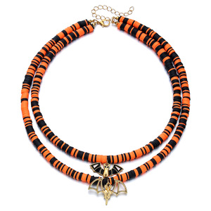 Collier choker double rangs de perles orange et noires motif chauve-souris pour femme, bijou fantaisie automne-hiver, pièce maîtresse pour Halloween - Product Image 4
