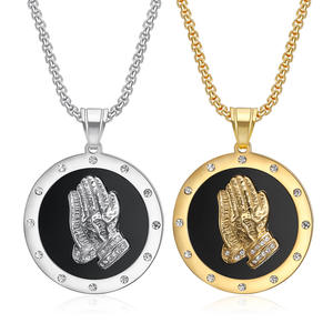 Hip Hop CZ Praying Buddha Hand Religious Waterproof Non Tarnish Stainless Steel Jewelry <b>Pendant</b> Necklace for <b>Men</b> Women Wholesale - Product Image 1