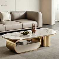 Table basse moderne de luxe en acier inoxydable doré avec plateau en marbre Calcutta Viola et tiroir, ensemble de tables basses en pierre frittée