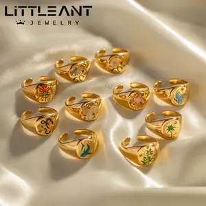 Anillo de esmalte colorido de acero inoxidable a la moda europea y americana, anillo de esmalte único chapado en oro personalizado para niñas