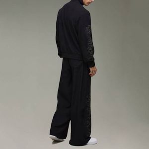 Black Rhinestone Hooded Collar Printed Winter Jacket Wide Leg <b>Pants</b> Custom Men Two-Piece Sweatsuit - Product Image 2