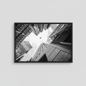Modern Glass Wall Art: Cityscape Canvas Print with Airplane,<b>BLACK</b> <b>FRAMED</b> CANVAS - Product Image 2