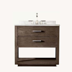 Meuble-lavabo de salle de bain moderne de luxe à vasque unique, avec comptoir en marbre <span class=keywords><strong>blanc</strong></span>, rangement en bois clair et robinetterie chromée, idéal pour hôtels et appartements - Product Image 4