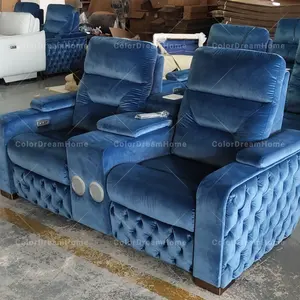 European style Fabric cinema sofa Modern Living Room Blue Velvet theater electric recliner