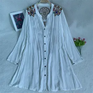 Medium And long Loose Rayon Embroidered Feather White Long Sleeved Casual Women Top
