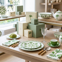 Ensemble d'assiettes en céramique motif palmier tropical, vaisselle en porcelaine vintage à motif botanique, vente en gros pour mariages, restaurants et détaillants