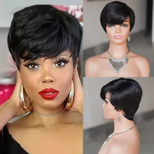 Wear Go Glueless Short Human Hair Wigs Pixie Cut Straight Remy Brazilian Hair for Black Women Highlight Color Cheap Glueless Wig