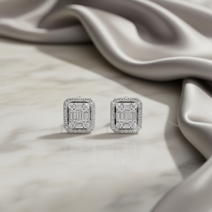 E1387 Orecchini in oro bianco con diamanti taglio baguette, gioielli classici naturali da donna - Product Image 2