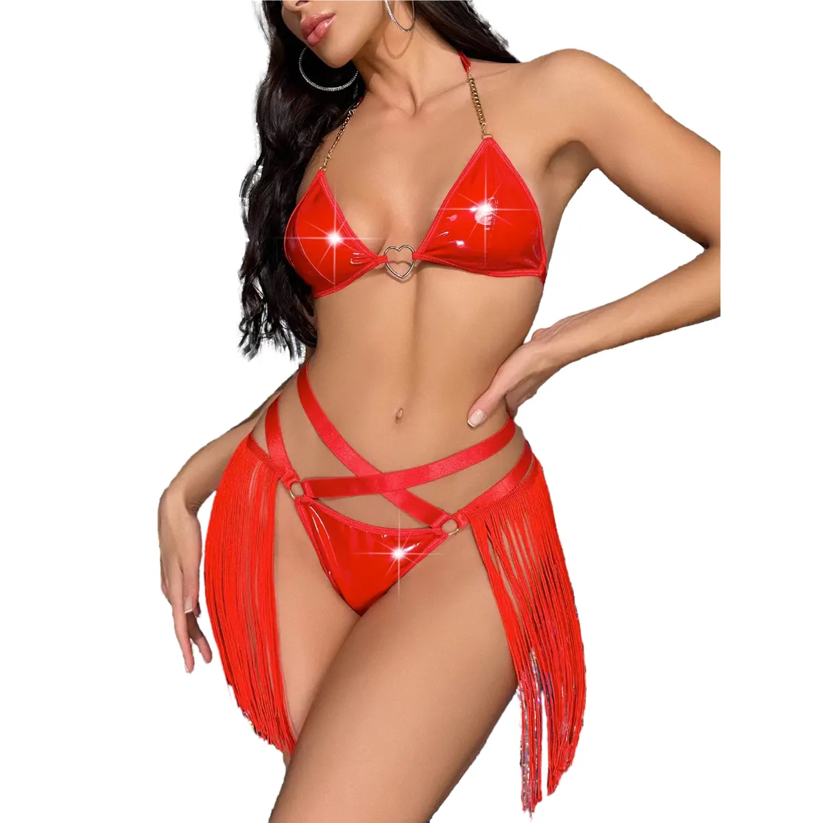 2023 Rode Pu Lak Lederen Holle Bikini Sexy Dames Tweedelige Leuke Set Uitrusting Populair Voor Dames Lingerie Sexy Fun Set