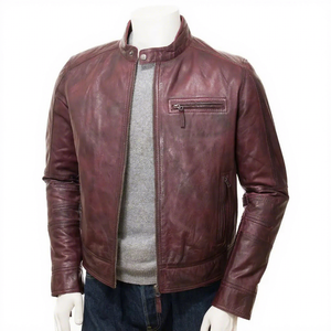 Chaqueta de Cuero Genuino Color Borgoña para Hombre, Estilo Vintage Cafe Racer, Ajustada, con Cierre, Casual, para Invierno - Product Image 1