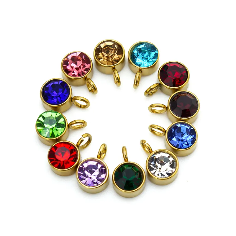 6MM Stainless Steel 12 Colors Round Birthstone Charms Pendant For DIY Necklace Bracelets Gold Plated Jewelry Making Findings