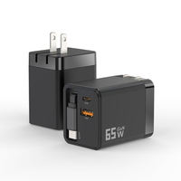 Chargeur mural rapide PD 65W Type C double port, chargeur de voyage USB-C pour ordinateur portable avec câble rétractable, adaptateur de téléphone GaN