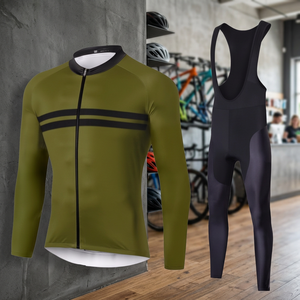 Conjunto de Jersey de Ciclismo de Manga Larga Verde Oliva para Hombre con Culotte Negro - Product Image 3