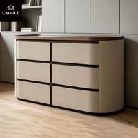 Commode moderne à bords incurvés, 6 tiroirs, en cuir PU, avec plateau en bois, meuble de rangement pour chambre à coucher, mobilier de maison OEM ODM