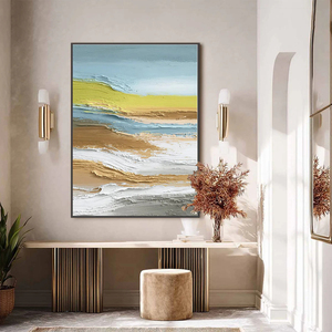 Pintura al óleo texturizada de paisaje fluvial abstracto estilo Wabi Sabi sobre lienzo con marco, arte contemporáneo para decoración de interiores. - Product Image 1