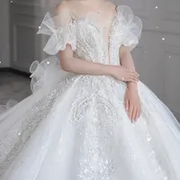 Princesse de mariée blanche, tenue de mariage, style super féerique, haut de gamme, grande queue, blanc, léger, nouveauté, 2021, S411F