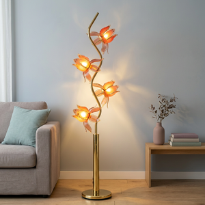 Interior Styling Lotus Flower <b>Floor</b> <b>Lamp</b>, Curvy Golden Rod 4 Glowing <b>Pink</b> Acrylic Lotus Decor <b>Lamp</b> for Showroom - Product Image 6