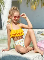 Maiô de cintura alta estilo coreano, biquíni de família, moda praia, floral, capa up, mini-me, moda praia 2022