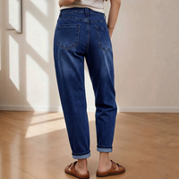 Jean décontracté taille haute extensible pour femme, coupe droite, longueur cheville, double boutonnage, effet ventre plat