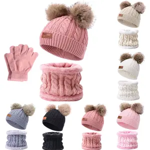 H113 guanti da cappello per bambini invernali Set di sciarpe cappelli per bambini e bambine Beanie con pompon maglia scaldacollo guanti in pile Set