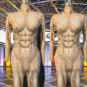 Mono brillante de una pieza para hombre, Sexy, de manga larga, con diamantes de imitación dorados, trajes de <span class=keywords><strong>Stripper</strong></span> para hombre, mono de leotardo de baile para actuación - Product Image 3