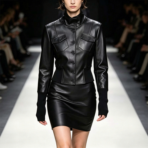 HN6147 Women's Black Vintage Slim-Fit Design with Ribbed Cuffs & Waist Sheepskin Leather Jacket Polo Collar Slim Casual Coat
