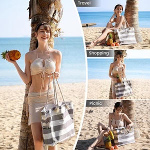 Custom Logo Waterproof Zipper Pocket Canvas Striped Large Capacity <strong>Summer</strong> Beach Handbag Tote <strong>Bag</strong> with Rope Handle for Women - Product Image 6