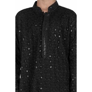 Conjunto de Kurta Triloki para Niños, Negro con Lentejuelas, Ropa Étnica de Rayón, Traje de Boda, Ropa Tradicional de India y Pakistán - Product Image 3