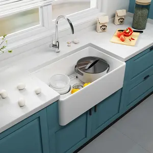 European 24" 30" 33" 36 Inch Modern Rectangular Farmhouse Apron Sinks Single Bowl Glossy White Fireclay Ceramic Kitchen Sinks