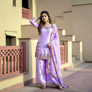 Ensemble Salwar Kameez brodé Lavender Lawn, Kurti à col en V, pantalon Palazzo, Dupatta, tenue traditionnelle indienne pour mariage, fête de remise de diplôme - Product Image 1