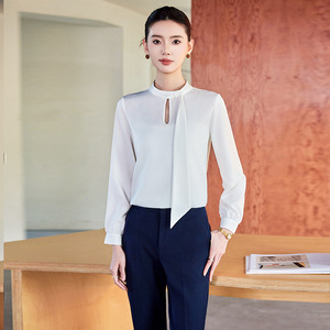 White Long Sleeve Chiffon Shirt For Women With Bow Tie Workwear Professional Blouse Solid Color Polyester Fabric - Product Image 3