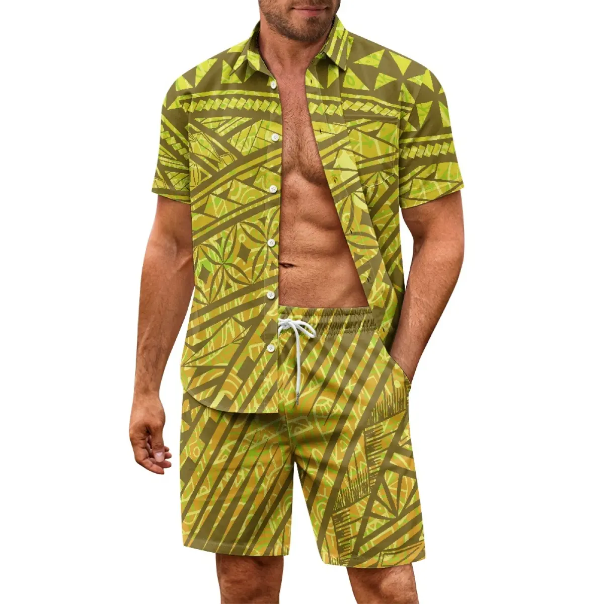 2023 New Arrival Plus Size Aloha Hawaiian Shirt And Shorts 2 Piece Sets Tapa Polynesian Tribal Printed Buttons Men Shirt Custom