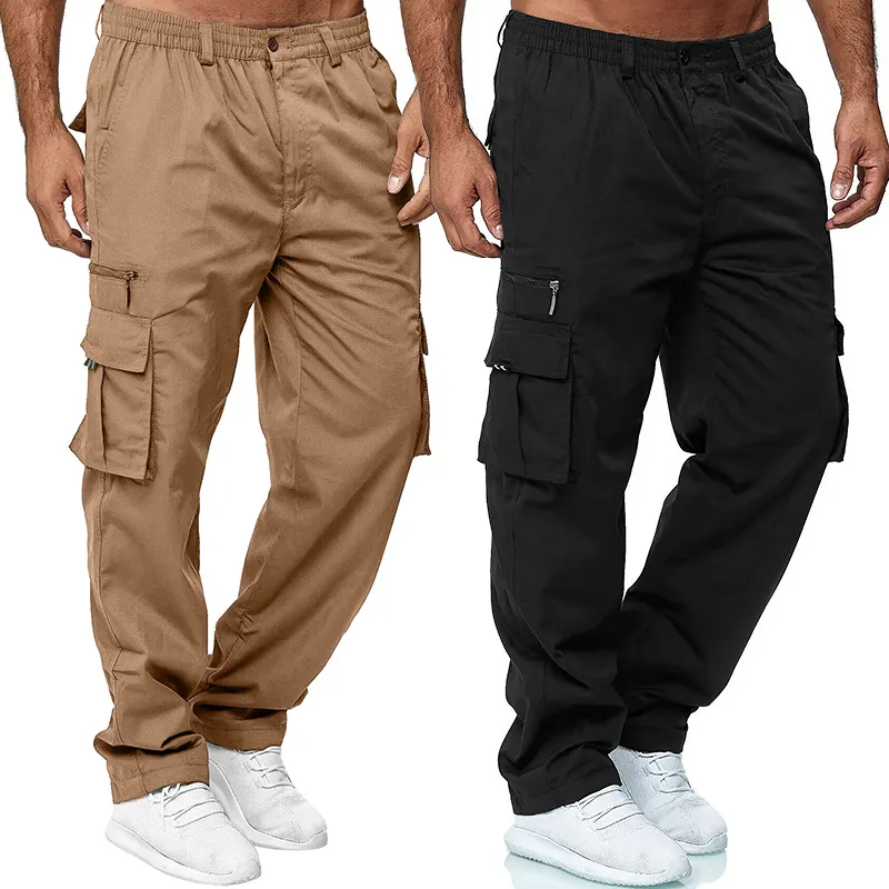 Aangepaste Knop Detaillering Streetwear Jogging Cargo Broek Kaki Track Sweat Mannen Gedrukt Gestapeld Werk Broek